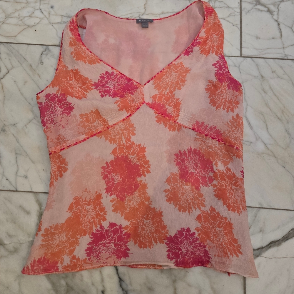 Ann Taylor Floral Silk V-Neck Sleeveless Top